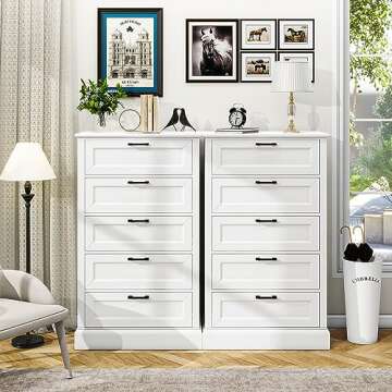 White Dresser with 5 Drawers, Vertical Storage Dresser for Bedroom, Wood Tall Dresser for Hallway, Wooden Tall Chest of Drawers for Entryway, Nursery, Lingerie Chest Drawer, Modern Farmhouse Style