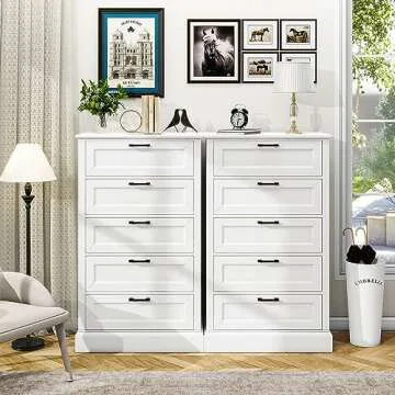 White Dresser with 5 Drawers, Vertical Storage Dresser for Bedroom, Wood Tall Dresser for Hallway, Wooden Tall Chest of Drawers for Entryway, Nursery, Lingerie Chest Drawer, Modern Farmhouse Style