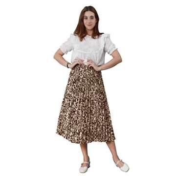CHARTOU Womens Chic Elastic High Waisted A Line Leopard Print Pleated Shirring Midi-Long Skirt (Beige/Black Print, Medium)