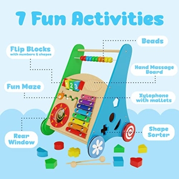 Wooden Learning Walker for Toddlers - Adjustable Speed & Fun Activities