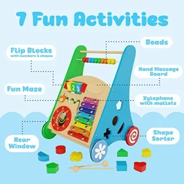 Wooden Learning Walker for Toddlers - Adjustable Speed & Fun Activities