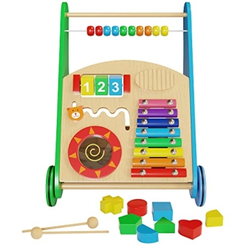 Wooden Learning Walker for Toddlers - Adjustable Speed & Fun Activities