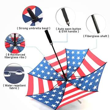 LLanxiry Umbrella Large Golf Umbrellas for Rain Windproof 54/62/68 Inch Automatic Open Double Canopy Oversized Vented Stick Umbrellas for Men and Women (American Flag/62in)