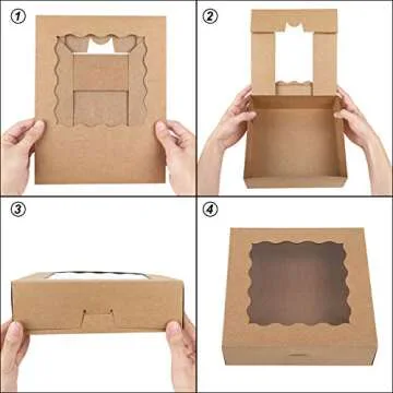 Moretoes 24pcs Cookie Boxes, 10x10x2.5in Bakery Boxes with Windows, Brown Pie Boxes Pastry Boxes Treat Boxes for Pies, Cookies and Muffins