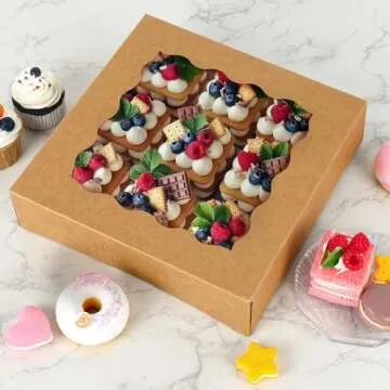Moretoes 24pcs Cookie Boxes, 10x10x2.5in Bakery Boxes with Windows, Brown Pie Boxes Pastry Boxes Treat Boxes for Pies, Cookies and Muffins