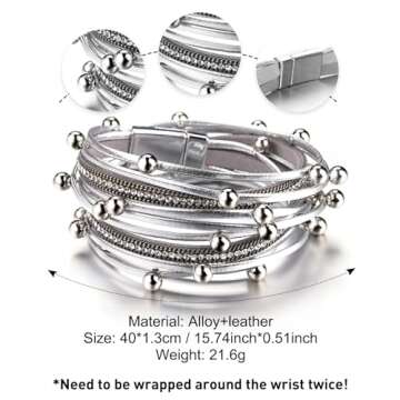 Fesciory Leather Wrap Bracelets for Women, Boho Leopard Multi-Layer Crystal Beads Cuff Bracelet Jewelry (Silver Beads)