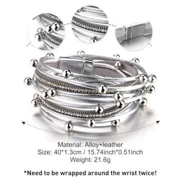 Fesciory Leather Wrap Bracelets for Women, Boho Leopard Multi-Layer Crystal Beads Cuff Bracelet Jewelry (Silver Beads)