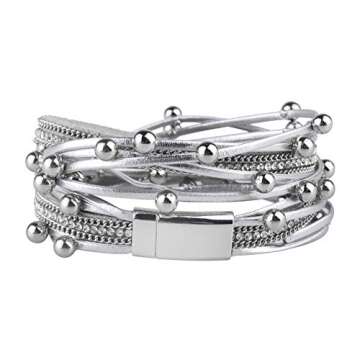 Fesciory Leather Wrap Bracelets for Women, Boho Leopard Multi-Layer Crystal Beads Cuff Bracelet Jewelry (Silver Beads)