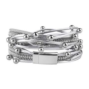 Fesciory Leather Wrap Bracelets for Women, Boho Leopard Multi-Layer Crystal Beads Cuff Bracelet Jewelry (Silver Beads)