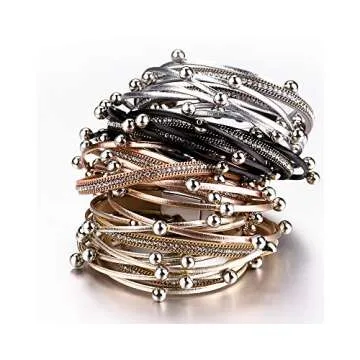 Fesciory Leather Wrap Bracelets for Women, Boho Leopard Multi-Layer Crystal Beads Cuff Bracelet Jewelry (Silver Beads)
