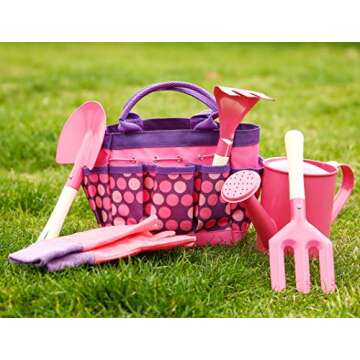 QWKIT Kids Gardening Set 7Pcs Gardening Tools for Kids with Watering Can, Gardening Gloves, Rake, Trowel, Fork, and Storage Bag Gardening Gifts for Children Toddler (Pink)