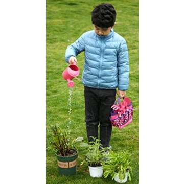 QWKIT Kids Gardening Set 7Pcs Gardening Tools for Kids with Watering Can, Gardening Gloves, Rake, Trowel, Fork, and Storage Bag Gardening Gifts for Children Toddler (Pink)