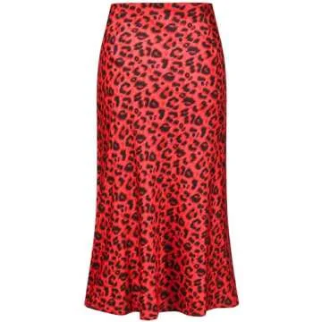 Keasmto Leopard Skirt for Women Midi Length High Waist Silk Satin Elasticized Cheetah A Line Summer ...