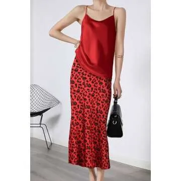 Keasmto Leopard Skirt for Women Midi Length High Waist Silk Satin Elasticized Cheetah A Line Summer Casual Ladies Skirts Red XS