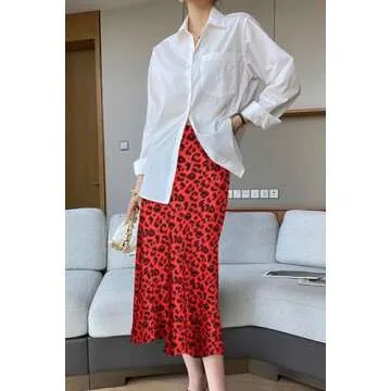 Keasmto Leopard Skirt for Women Midi Length High Waist Silk Satin Elasticized Cheetah A Line Summer Casual Ladies Skirts Red XS