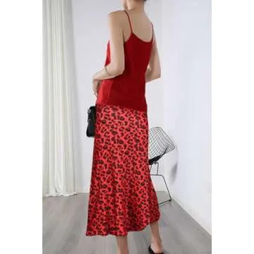 Keasmto Leopard Skirt for Women Midi Length High Waist Silk Satin Elasticized Cheetah A Line Summer Casual Ladies Skirts Red XS