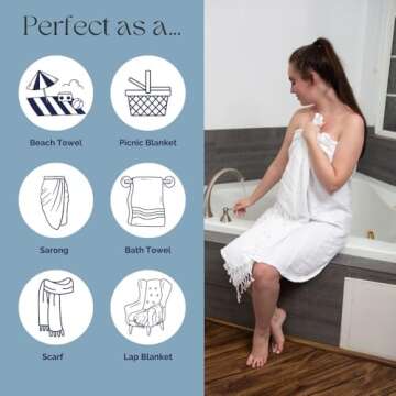 InfuseZen Stonewashed Turkish Bath & Beach Towel –100% Organic Turkish Cotton - Soft, Lightweight, Absorbent - Quick Dry, Sand Free - Pool, Shower, Travel - Peshtemal, Hammam Spa Towel - Off White