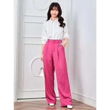 MakeMeChic Women's Satin Silk High Waisted Wide Leg Pants with Pockets Pink S