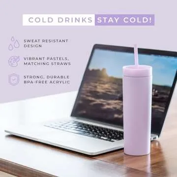 STRATA CUPS Lilac Skinny Tumblers with Lids and Straws (4 pack) - 16oz Matte Pastel Colored Acrylic ...