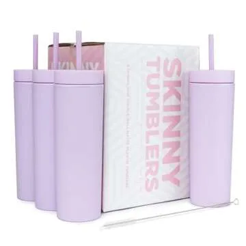 STRATA CUPS Lilac Skinny Tumblers with Lids and Straws (4 pack) - 16oz Matte Pastel Colored Acrylic Tumblers with Lids and Straws, Double Wall Skinny Tumbler Bulk, Reusable Cup with Straw Cleaner