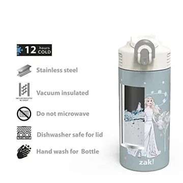 Zak Designs zak! Disney Frozen 2 Elsa - Stainless Steel Vacuum Insulated Water Bottle - 14 oz - Durable & Leak Proof - Flip-Up Straw Spout & Built-In Carrying Loop - BPA Free