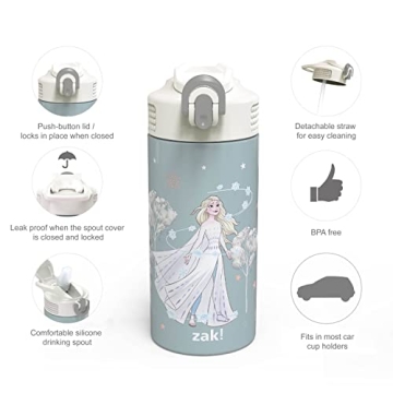 Zak Designs zak! Disney Frozen 2 Elsa - Stainless Steel Vacuum Insulated Water Bottle - 14 oz - Durable & Leak Proof - Flip-Up Straw Spout & Built-In Carrying Loop - BPA Free