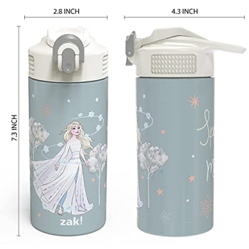 Zak Designs zak! Disney Frozen 2 Elsa - Stainless Steel Vacuum Insulated Water Bottle - 14 oz - Durable & Leak Proof - Flip-Up Straw Spout & Built-In Carrying Loop - BPA Free
