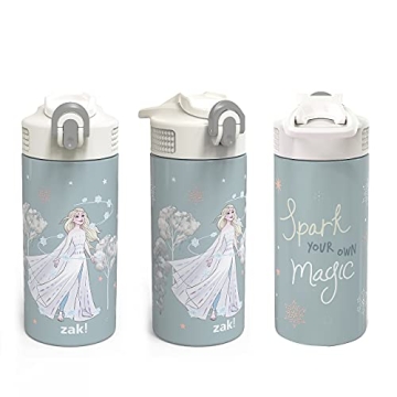 Zak Designs zak! Disney Frozen 2 Elsa - Stainless Steel Vacuum Insulated Water Bottle - 14 oz - Durable & Leak Proof - Flip-Up Straw Spout & Built-In Carrying Loop - BPA Free