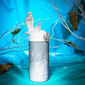 Zak Designs zak! Disney Frozen 2 Elsa - Stainless Steel Vacuum Insulated Water Bottle - 14 oz - Durable & Leak Proof - Flip-Up Straw Spout & Built-In Carrying Loop - BPA Free