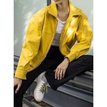 Jild Oversized Leather Jacket Women - Lambskin Leather Fall Jacket for Womens Fashion Plus Size Outfits (OSW-Yellow-S)