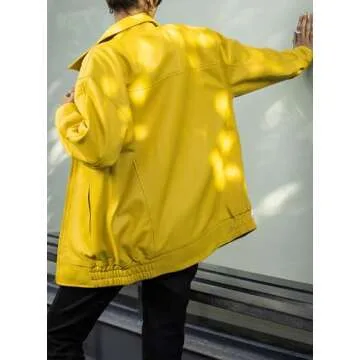 Jild Oversized Leather Jacket Women - Lambskin Leather Fall Jacket for Womens Fashion Plus Size Outfits (OSW-Yellow-S)