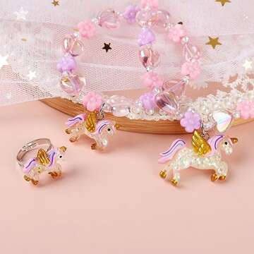 Annilubaby Todder Girls Jewelry Set,Girls Unicorn Necklace Ring Set,Girls Love Necklace Party Favors little Girls Pretend Dress up Play Jewelry,Children Unicorn Ring