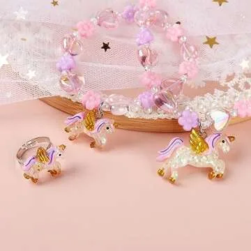 Annilubaby Todder Girls Jewelry Set,Girls Unicorn Necklace Ring Set,Girls Love Necklace Party Favors little Girls Pretend Dress up Play Jewelry,Children Unicorn Ring