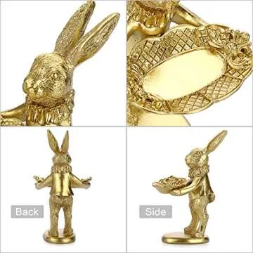 ELLDOO Small Golden Bunny Figurine Jewelry Ring Tray Decorative Serving Rabbit Statue Ornament Animal Sculpture Home Arts Desktop Accessories Table Decor, Standing Bunny