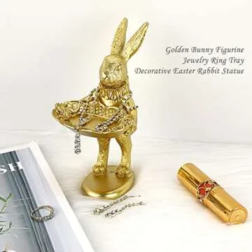 ELLDOO Small Golden Bunny Figurine Jewelry Ring Tray Decorative Serving Rabbit Statue Ornament Animal Sculpture Home Arts Desktop Accessories Table Decor, Standing Bunny