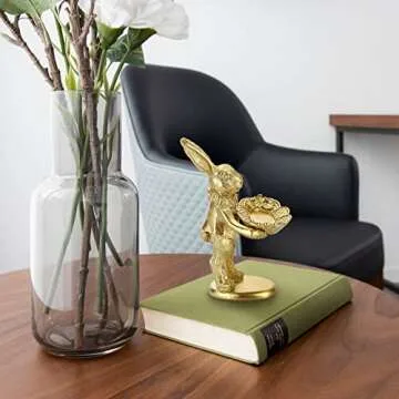 ELLDOO Small Golden Bunny Figurine Jewelry Ring Tray Decorative Serving Rabbit Statue Ornament Animal Sculpture Home Arts Desktop Accessories Table Decor, Standing Bunny