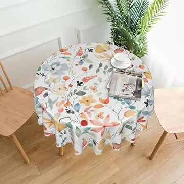 Sweetshow Fall Color Floral Tablecloth Round 60 Inch Watercolor Abstract Flower Leaf Print Rustic Au...