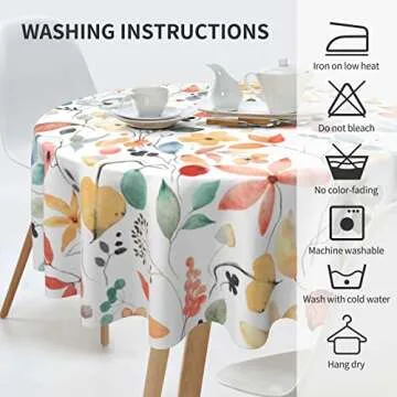 Sweetshow Fall Color Floral Tablecloth Round 60 Inch Watercolor Abstract Flower Leaf Print Rustic Autumn Decorative Table Cloth Decor for Home Kitchen