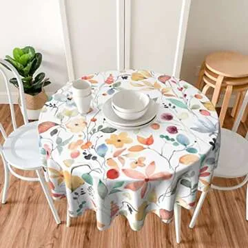 Sweetshow Fall Color Floral Tablecloth Round 60 Inch Watercolor Abstract Flower Leaf Print Rustic Autumn Decorative Table Cloth Decor for Home Kitchen