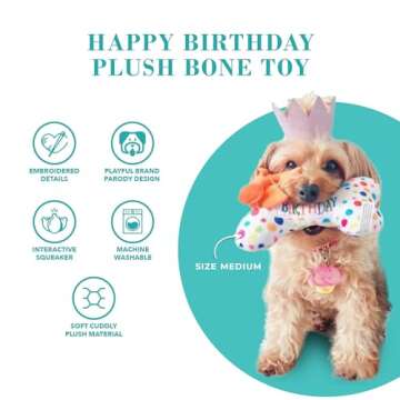 Haute Diggity Dog Happy Birthday Bone, Plush Designer Dog Toys with Interactive Squeaker, Stimulating Pet Enrichment, Machine-Washable & Safe Materials for All Breeds, Size Large