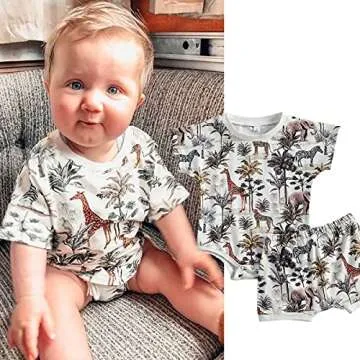 Toddler Baby Boys Summer Clothing Sets Forest Animal Print Romper Short Sleeve Bodysuit Tops and Sho...