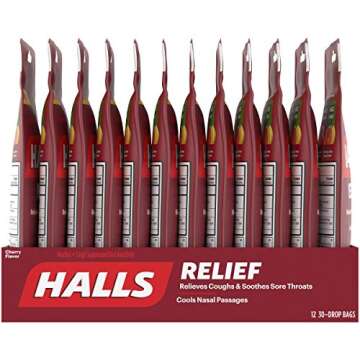 HALLS Relief Cherry Flavor Cough Drops, 30 Count (Pack of 12)