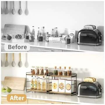 SRIWATANA Bathroom Countertop Organizer Set of 2, Kitchen Counter Shelf Spice Rack Sink Countertop Storage Desktop Large Wood Shelf - Carbonized Black