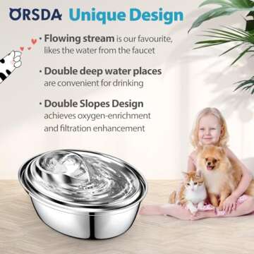 ORSDA Cat Water Fountain Stainless Steel, 2L Pet Fountain for Cats Inside, Dog Water Dispenser, Auto...