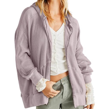 PEHMEA Women's Oversized Zip Up Hoodies Waffle Knit Jacket Fashion Loose Outerwear Shacket with Pock...