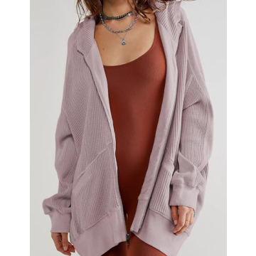 PEHMEA Women's Oversized Zip Up Hoodies Waffle Knit Jacket Fashion Loose Outerwear Shacket with Pockets(Purple-L)