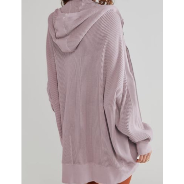 PEHMEA Women's Oversized Zip Up Hoodies Waffle Knit Jacket Fashion Loose Outerwear Shacket with Pockets(Purple-L)