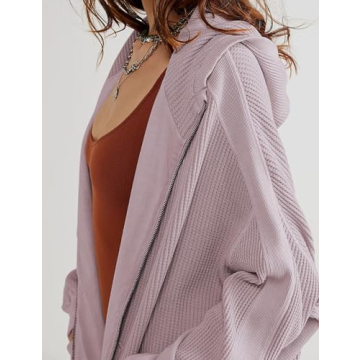 PEHMEA Women's Oversized Zip Up Hoodies Waffle Knit Jacket Fashion Loose Outerwear Shacket with Pockets(Purple-L)