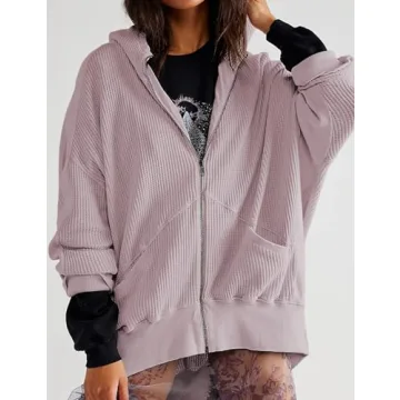 PEHMEA Women's Oversized Zip Up Hoodies Waffle Knit Jacket Fashion Loose Outerwear Shacket with Pockets(Purple-L)