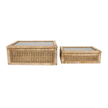 Creative Co-Op Modern Decorative Rectangle Woven Rattan and Wood Display Boxes with Glass Top, Set of 2 Sizes, Natural Finish